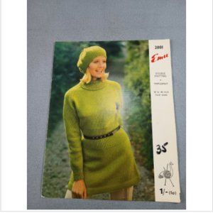 Vtg 1960 Emu Knitting Pattern 2801 Tunic Long Sweater Beret Hat Set Bust 30-40